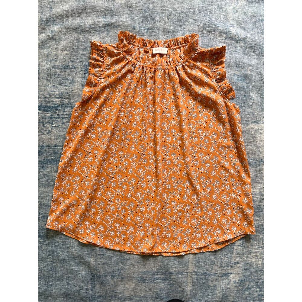 Hailey & Co Orange White Floral Ruffle Blouse Medium
